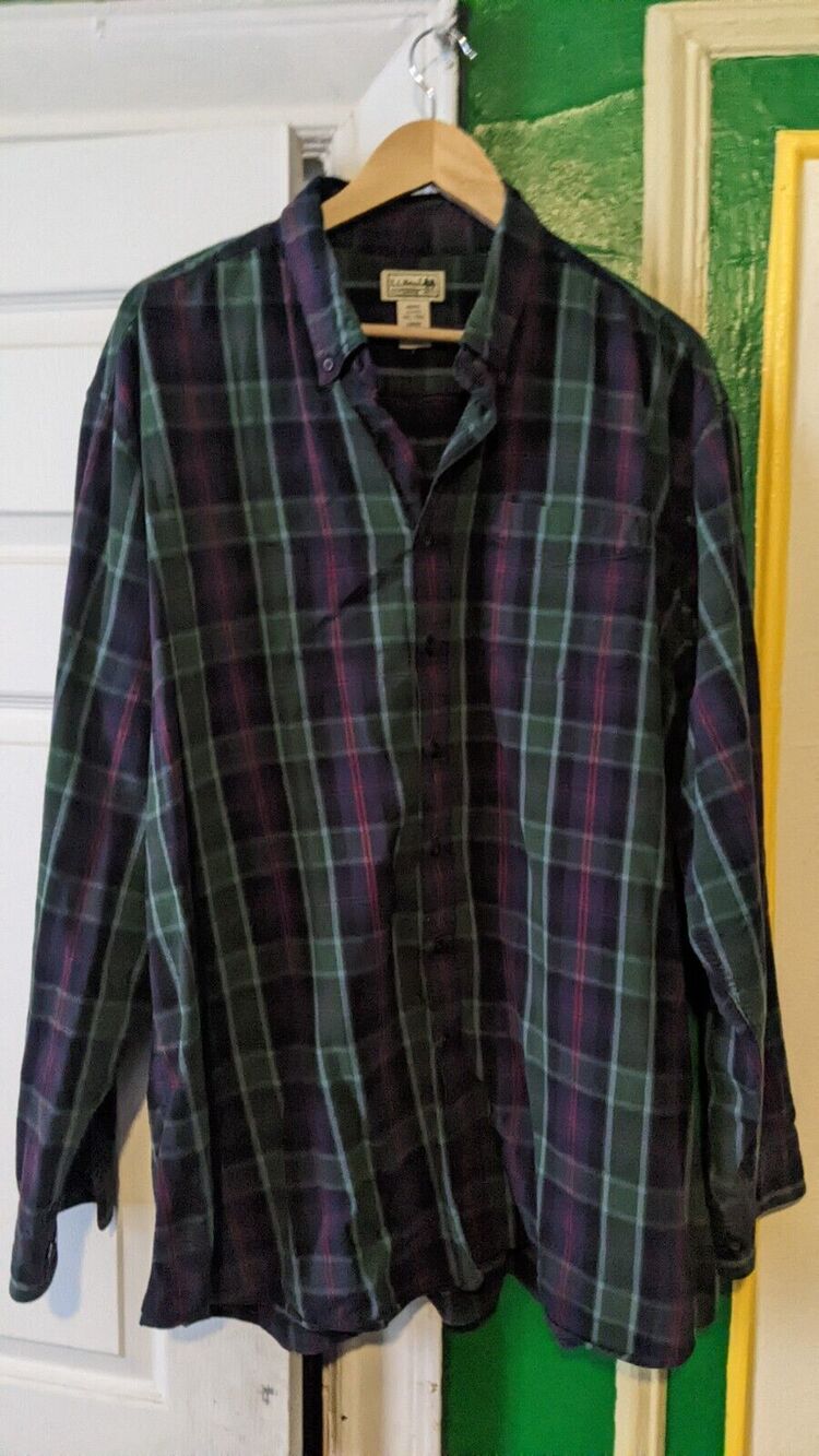 Ships FREE! LL Bean XXL Tall men's Green purple black white plaid flannel shirt